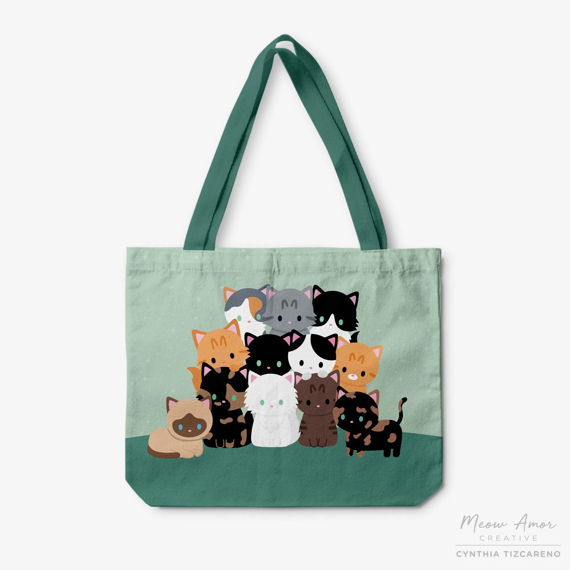 Cat Stack Green Canvas Zipper Tote Bag