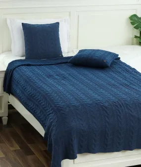 Classic Cable Gift Combo Knitted Single Bed AC Blanket & Cushion Covers in a Canvas Bag Packaging (Set of 4pcs) in Navy Melange Color