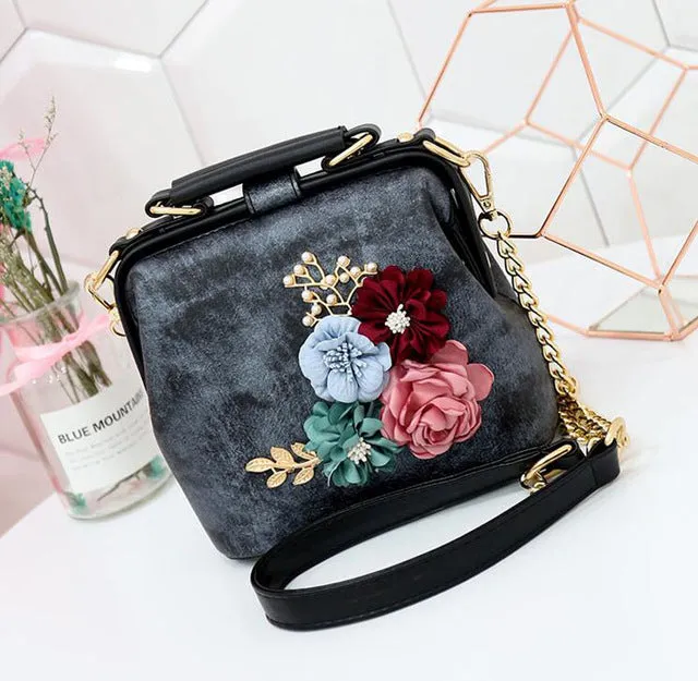 Color Block Shoulder Flower Tote Bag