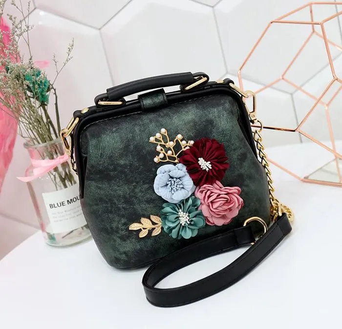 Color Block Shoulder Flower Tote Bag