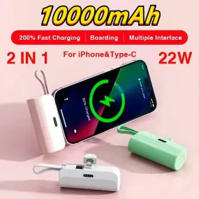 Compact 10000 mAh Fast Charging Power Bank with Built-in Cable for iPhone and Xiaomi