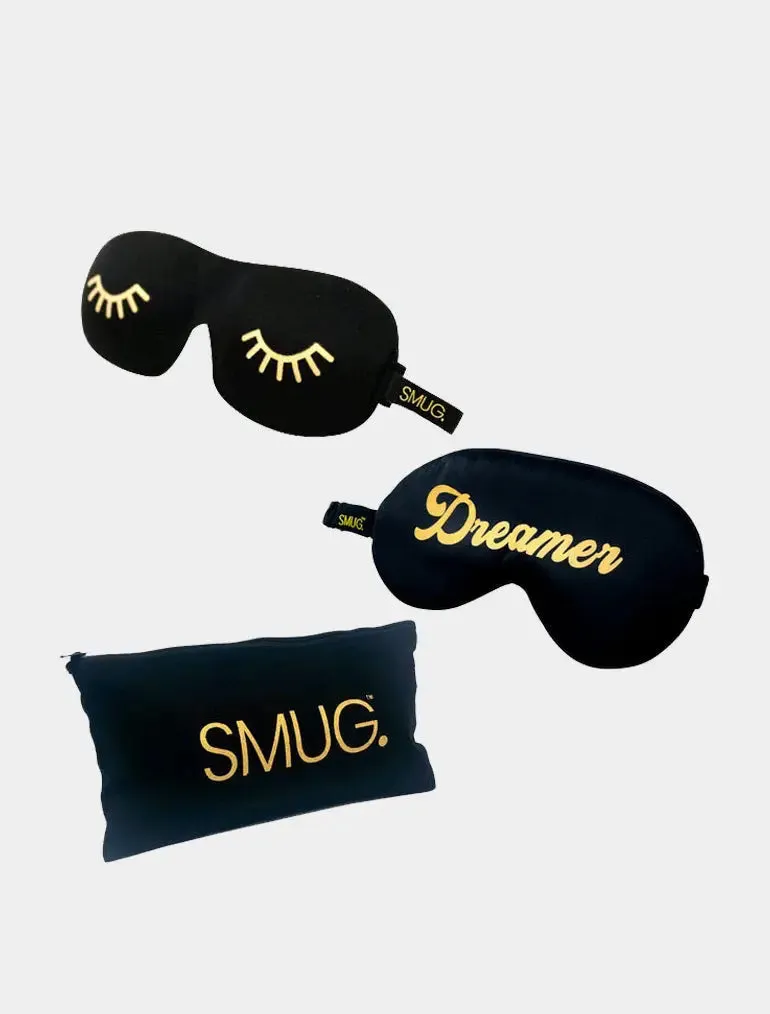 Contoured & Satin Sleep Mask Double Pack & Black Storage Bag Set - Dreamer Print & Wink Print, Black