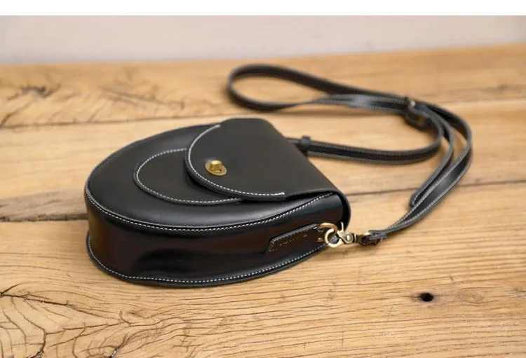 Cute Black LEATHER Saddle Side Bag WOMEN SHOULDER BAG Crossbody Saddle Purse FOR WOMEN