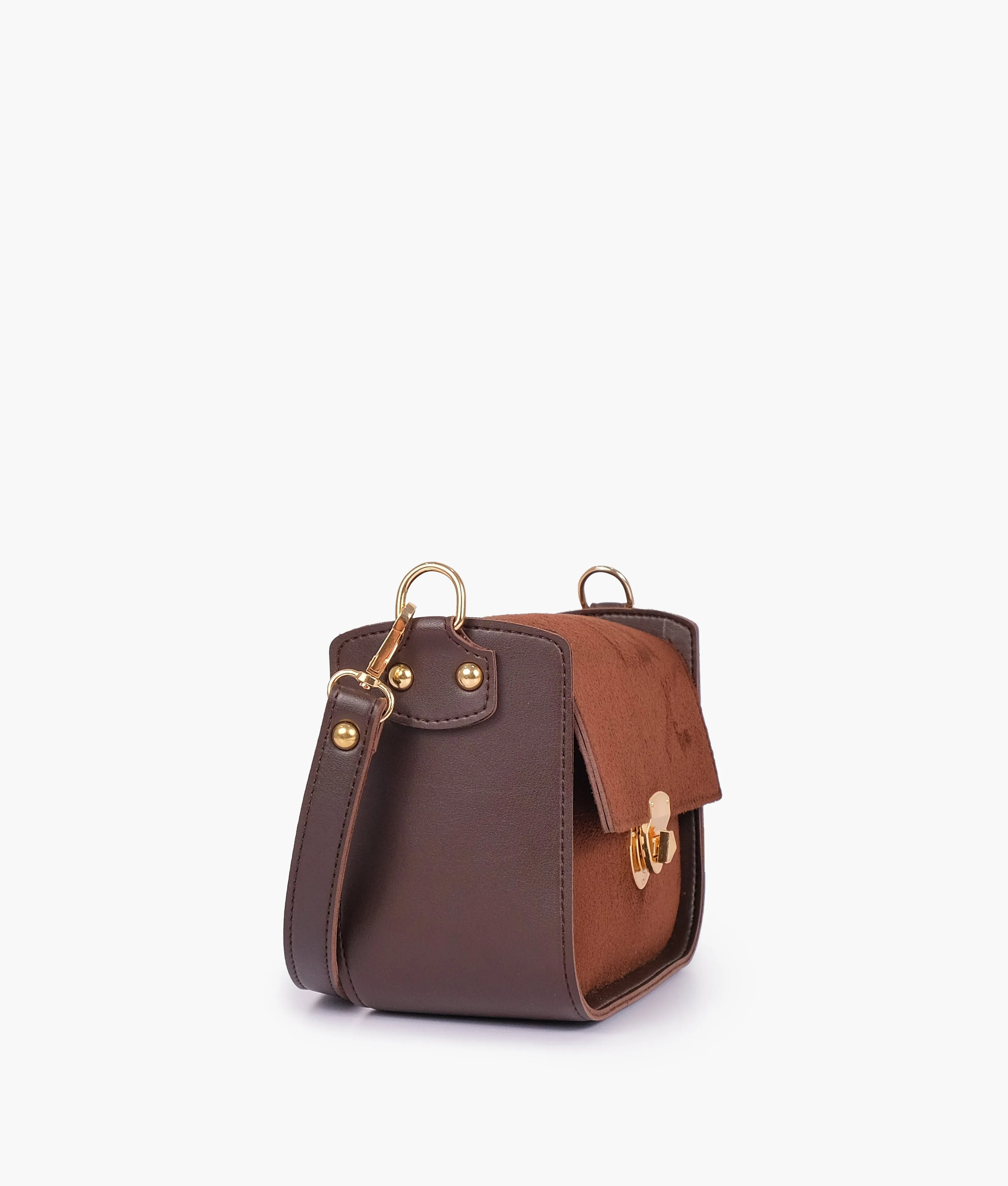 Dark brown suede saddle bag with twist lock