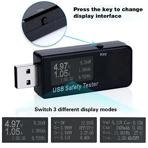 Eversame USB Digital Power Meter Tester Multimeter Current and Voltage Monitor, DC 5.1A 30V Amp Voltage Power Meter, Test Speed of Chargers, Cables, Capacity of Power Banks-Black