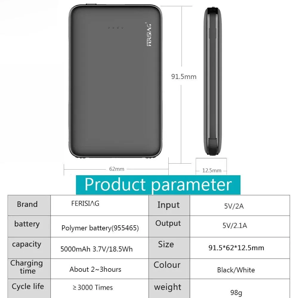 FERISING 5000mAh Mini Portable USB Type C Power Bank - External Charger for Mobile Devices