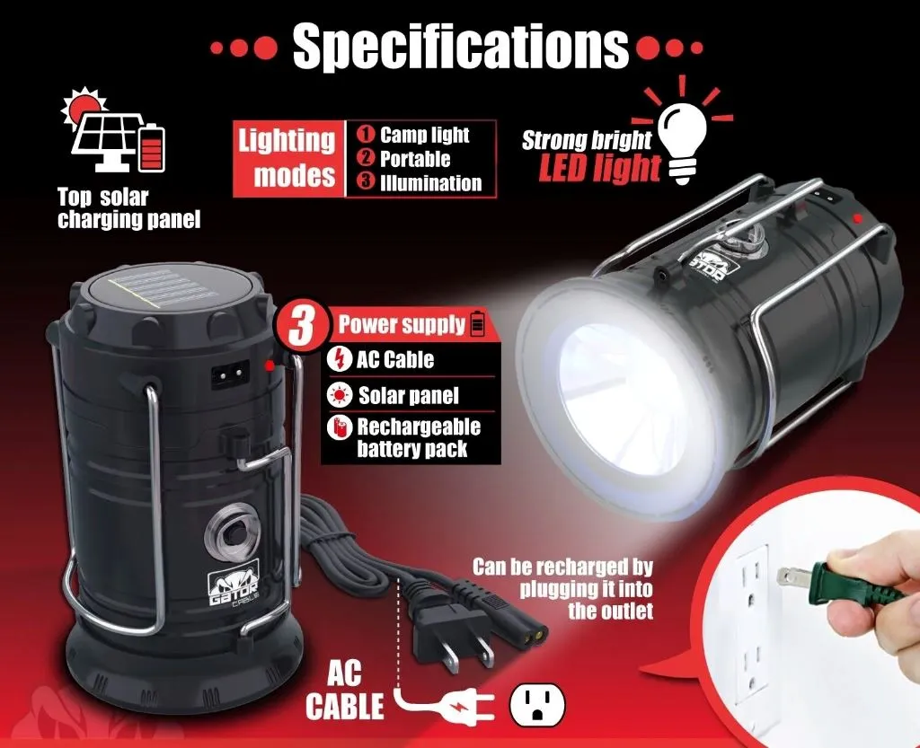 GatorXPro™ Solar Power Bank   LED Camping Lantern: Portable, AC/USB Rechargeable Solar Flashlight