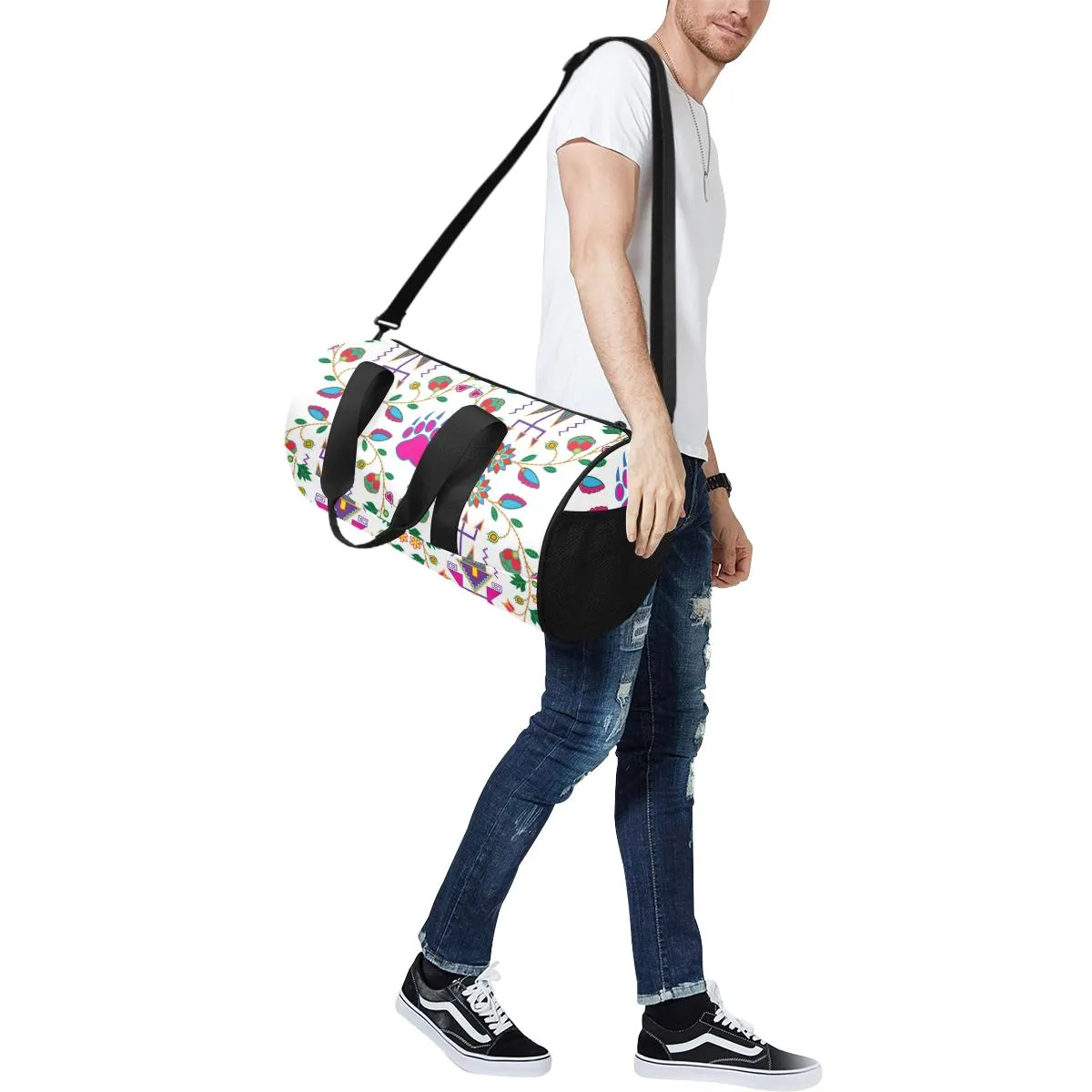 Geometric Floral Fall - White Duffle Bag