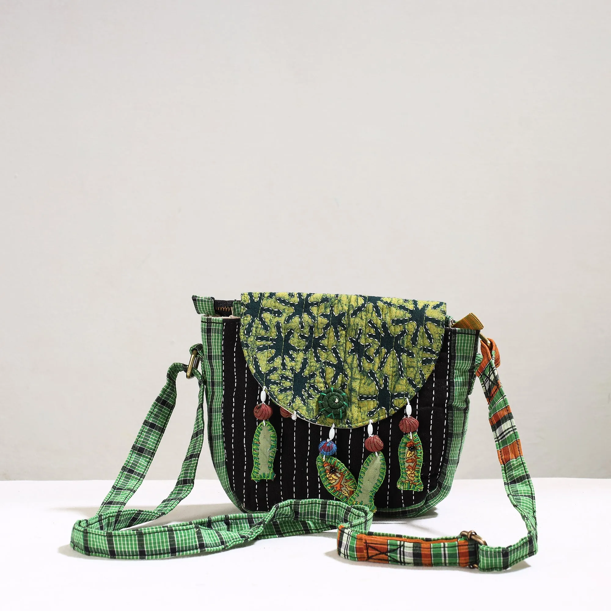 Green - Handmade Gamcha Fabric Kantha Work Canvas Cotton Sling Bag