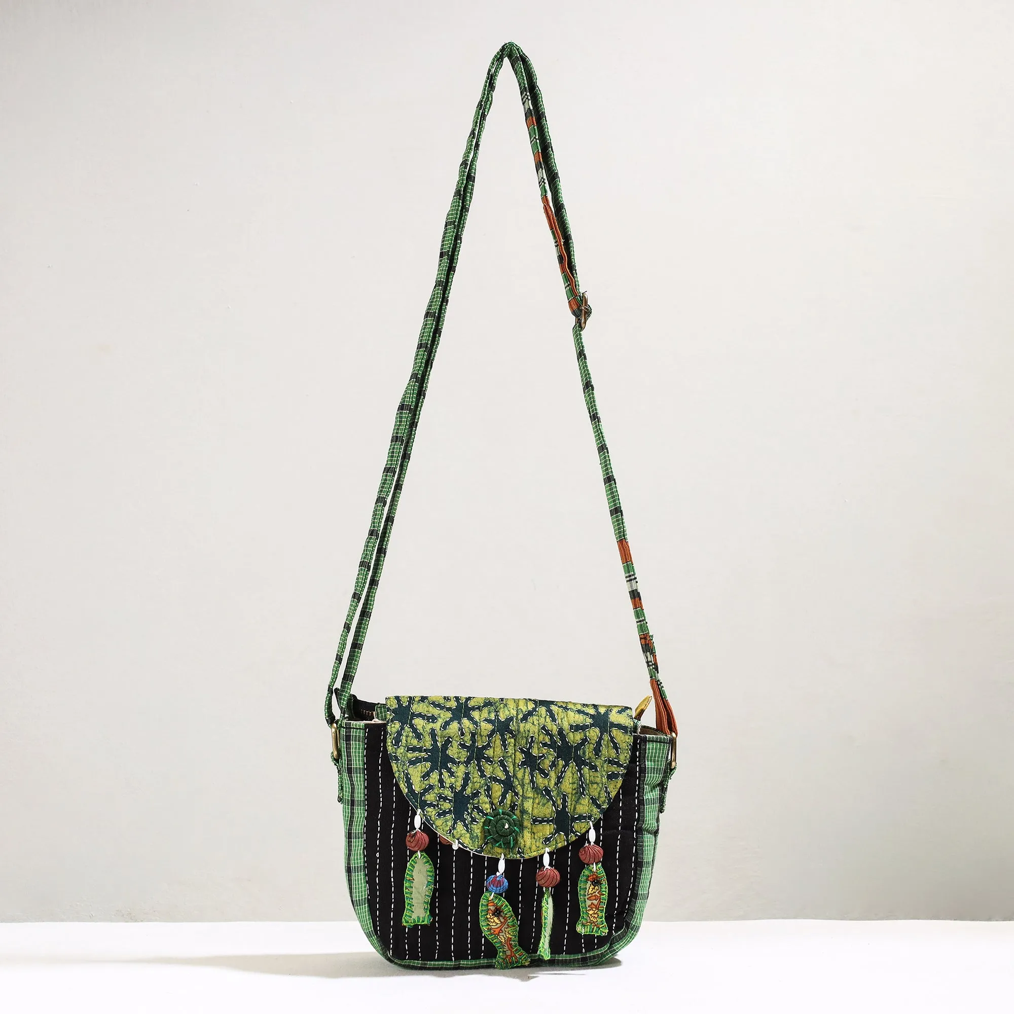 Green - Handmade Gamcha Fabric Kantha Work Canvas Cotton Sling Bag