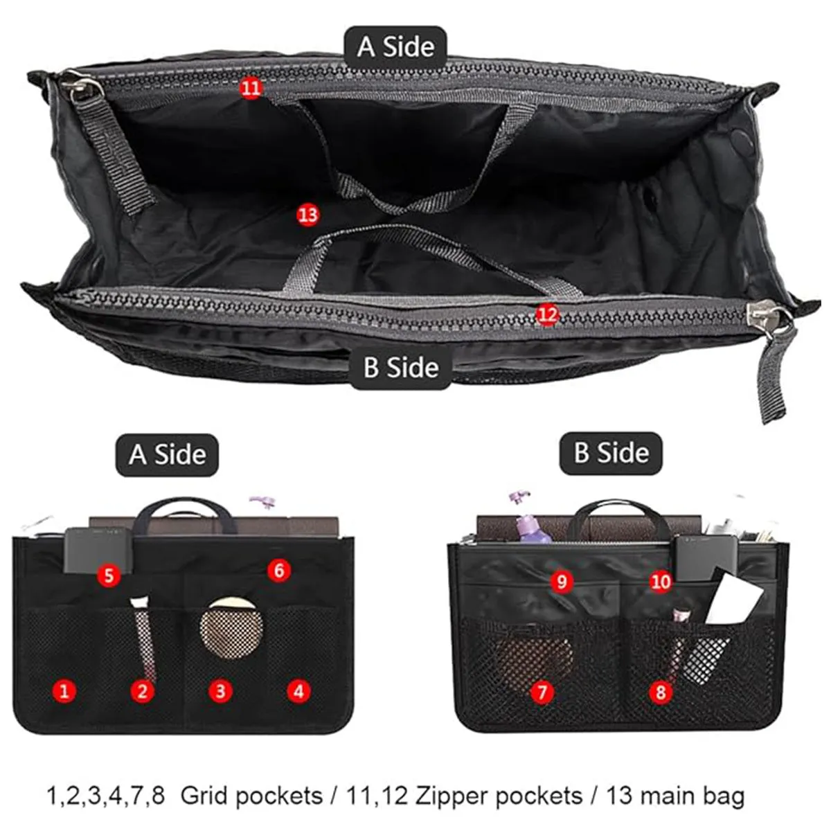 Handbag Organizer Insert For Women With 13 Pockets Large Capacity Lining Zipper Handle Portable Women's Purse Bag Travel Documents Cards Small Items