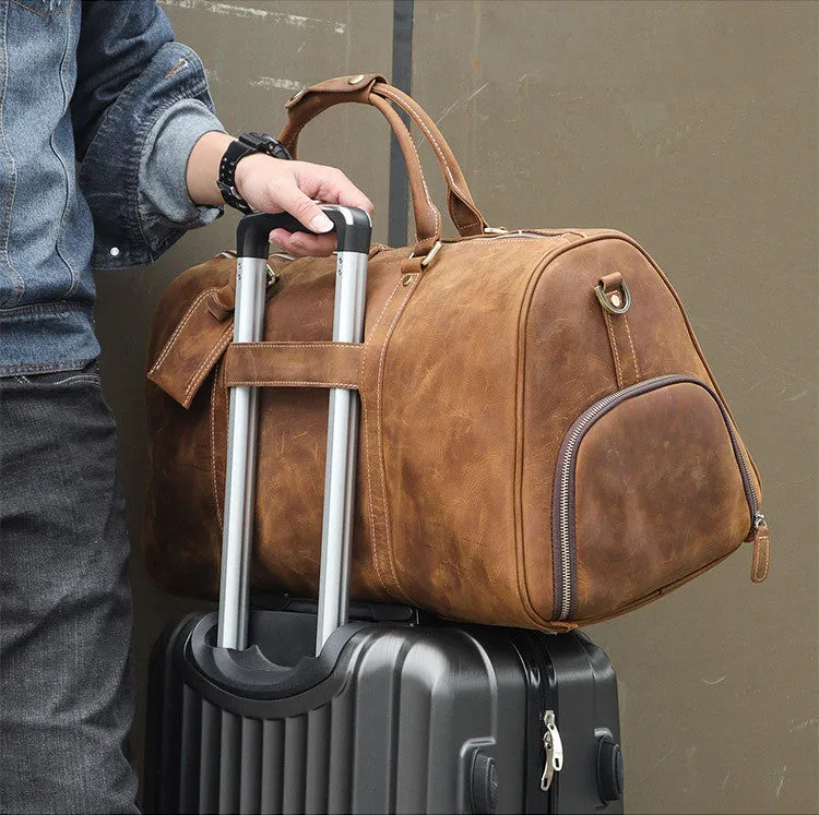 Handmade Large Vintage Full Grain Leather Duffel Bag Travel Luggage Bag Duffle bag with Shoes Compartment