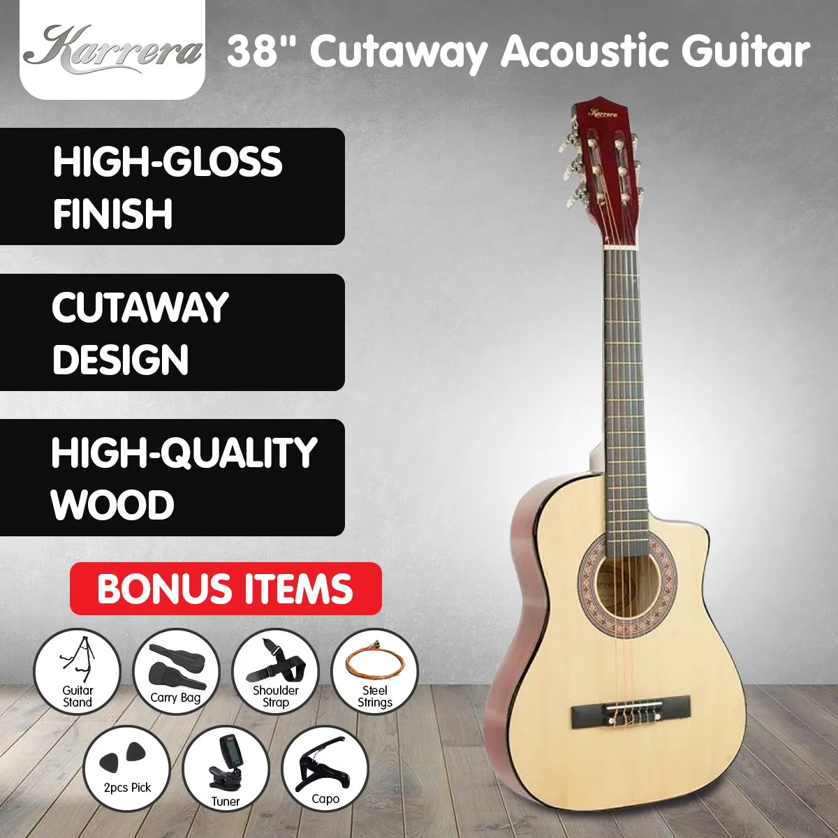 High-Gloss 38in Cutaway Acoustic Guitar Set with Bag - Karrera