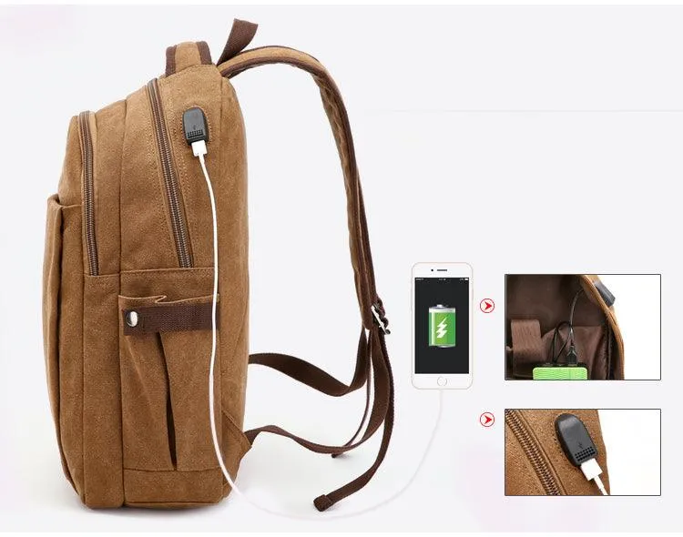 Hiking Canvas Large Capacity Backpack With Usb Charging Ports Coffee Bags