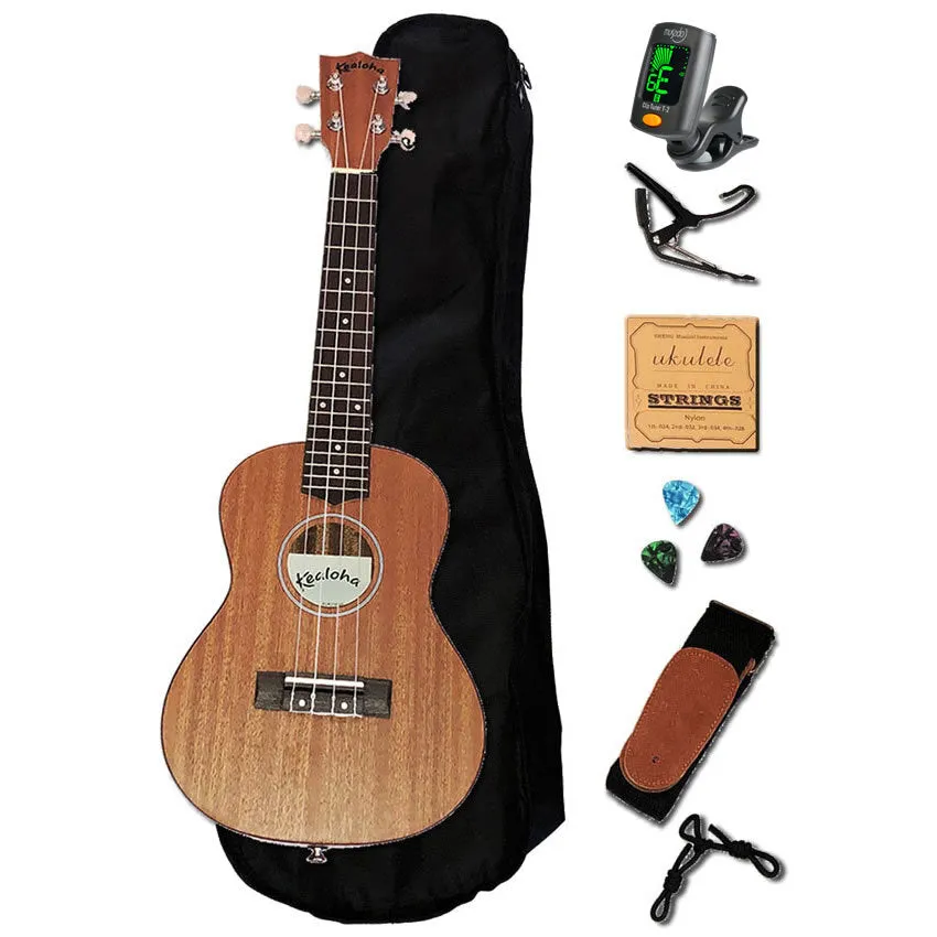 Kealoha KU Series Concert Complete Ukulele Package with Uke, Tuner, Bag, Capo, Strings, Picks, Strap & Ties