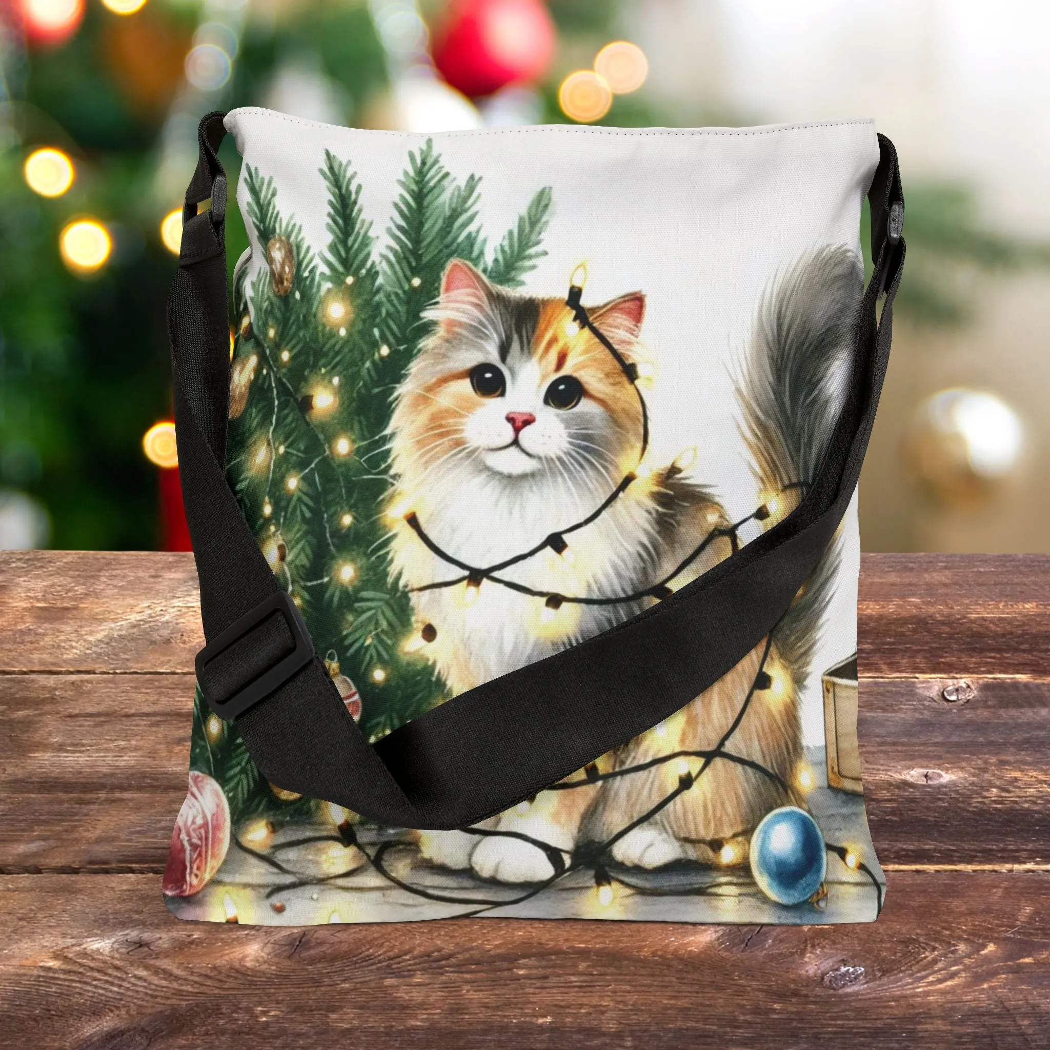 Kitty Christmas Lights - Cat Lover - Adjustable Strap Tote Bag