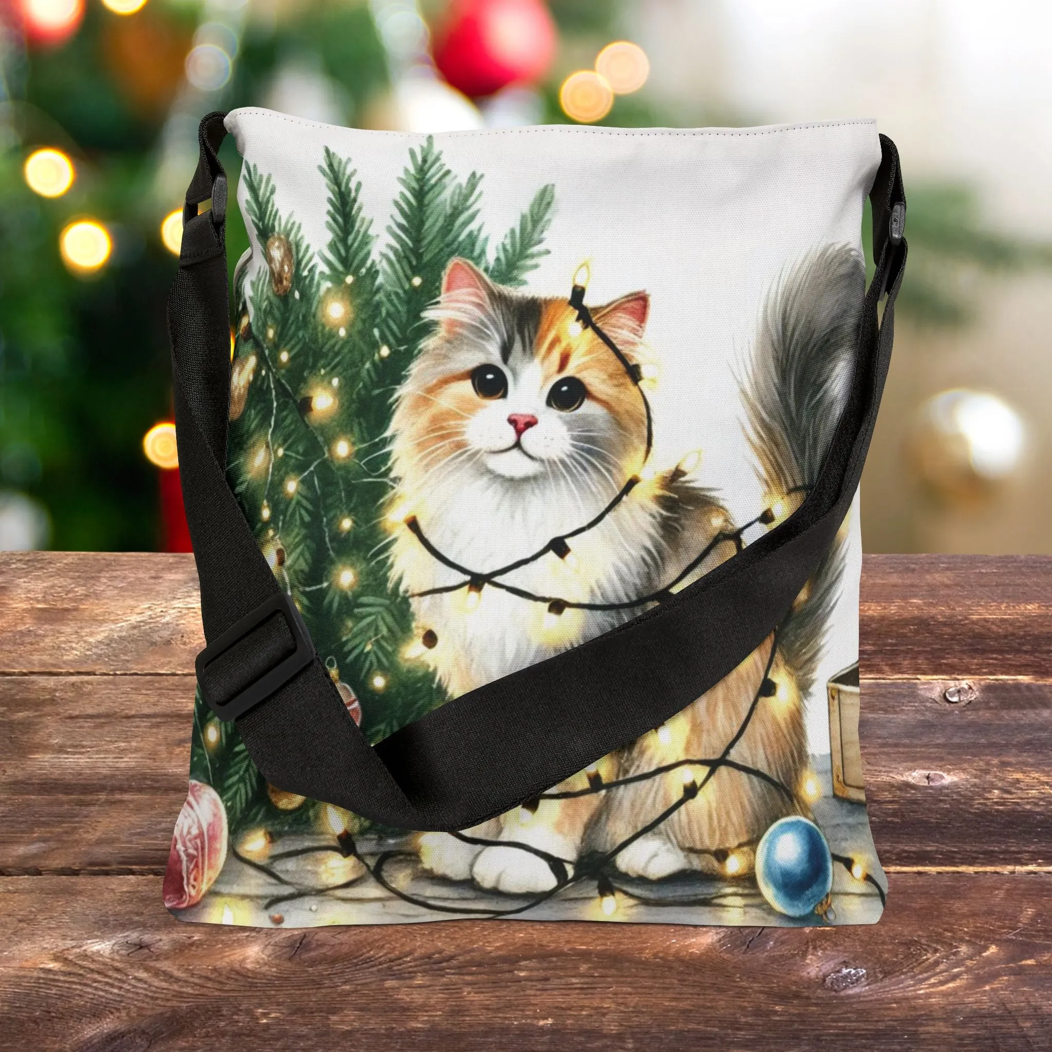 Kitty Christmas Lights - Cat Lover - Adjustable Strap Tote Bag