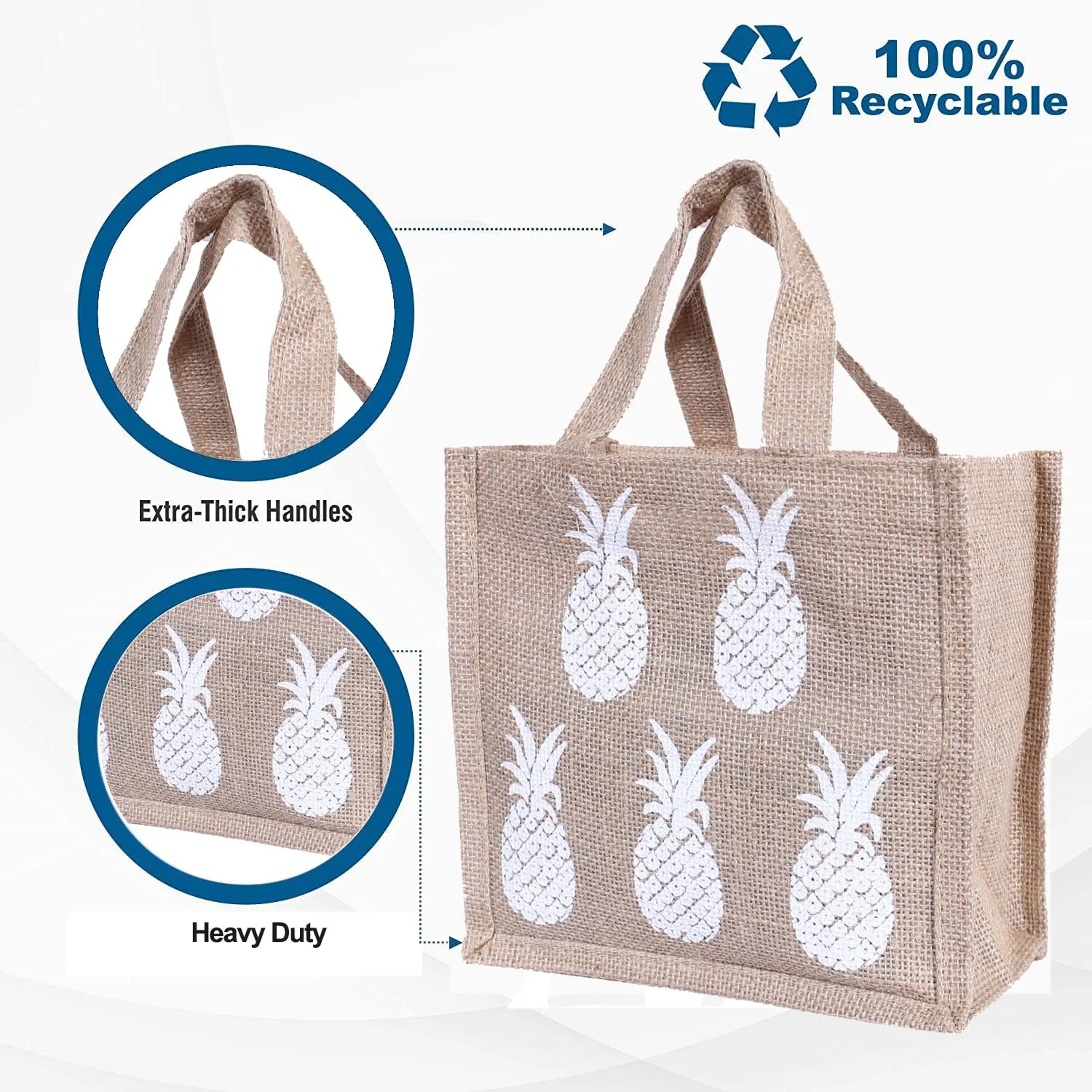 Kuber Industries Lunch Bag|Reusable Jute Fabric Tote Bag|Pineapple Print Tiffin Carry Hand Bag with Handle for Office,School,Gift (Brown, 1 Liter)