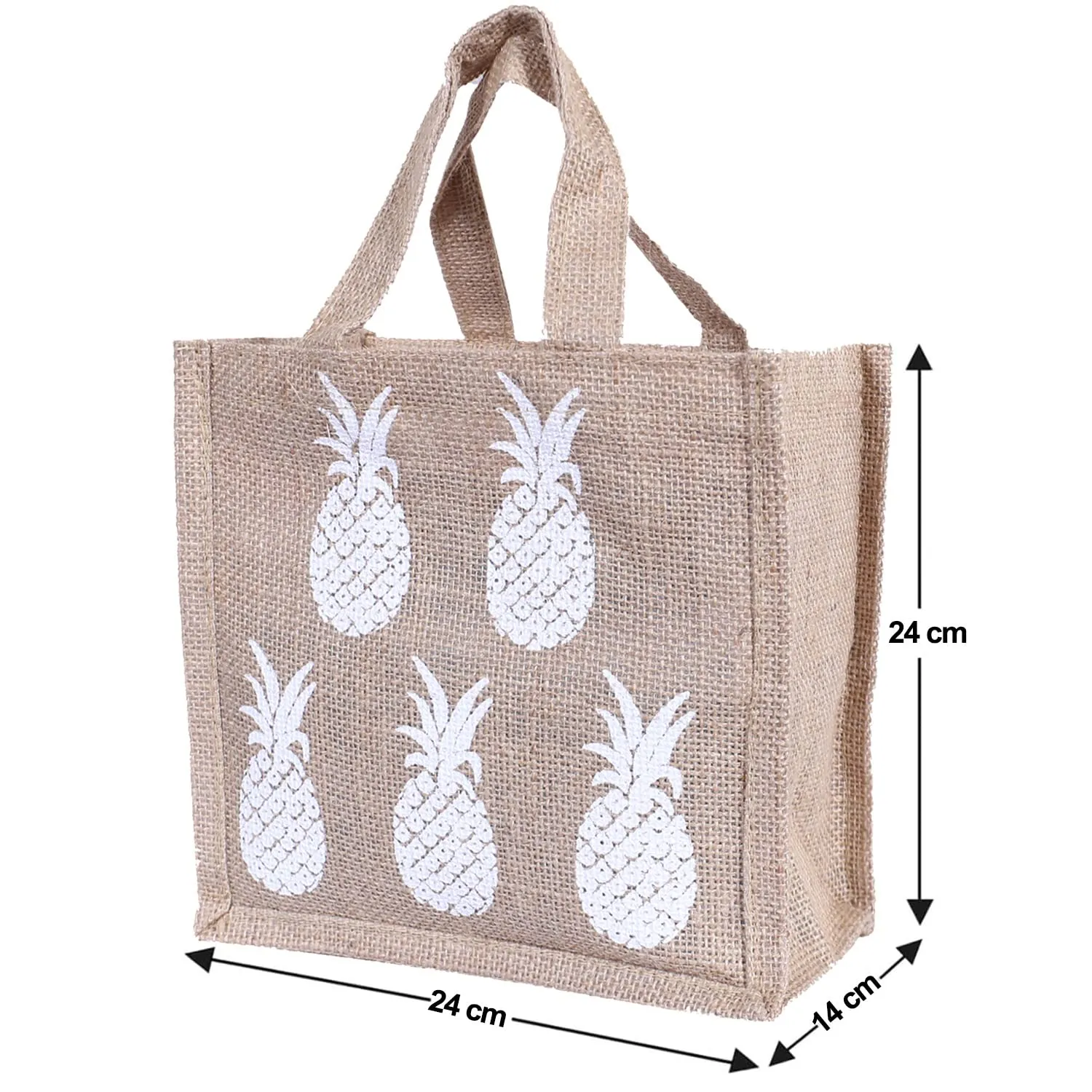 Kuber Industries Lunch Bag|Reusable Jute Fabric Tote Bag|Pineapple Print Tiffin Carry Hand Bag with Handle for Office,School,Gift (Brown, 1 Liter)