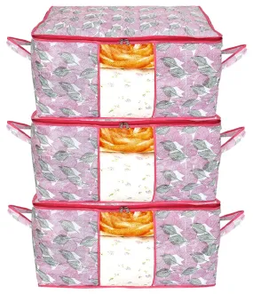 Kuber Industries Metallic Leafy Print Foldable Non Woven Fabric Clothes Storage Bag Wardrobe Organizer with Sturdy Zipper, Clear Window (KUBMART16618, Pink, 65 x 45 x 31 cm), Set of 3