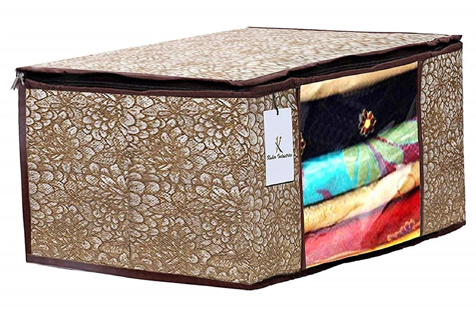 Kuber Industries Metallic Printed Non Woven 3 Pieces Saree Cover and 3 Pieces Underbed Storage Bag, Cloth Organizer for Storage, Blanket Cover Combo Set (Gold & Brown) -CTKTC038600