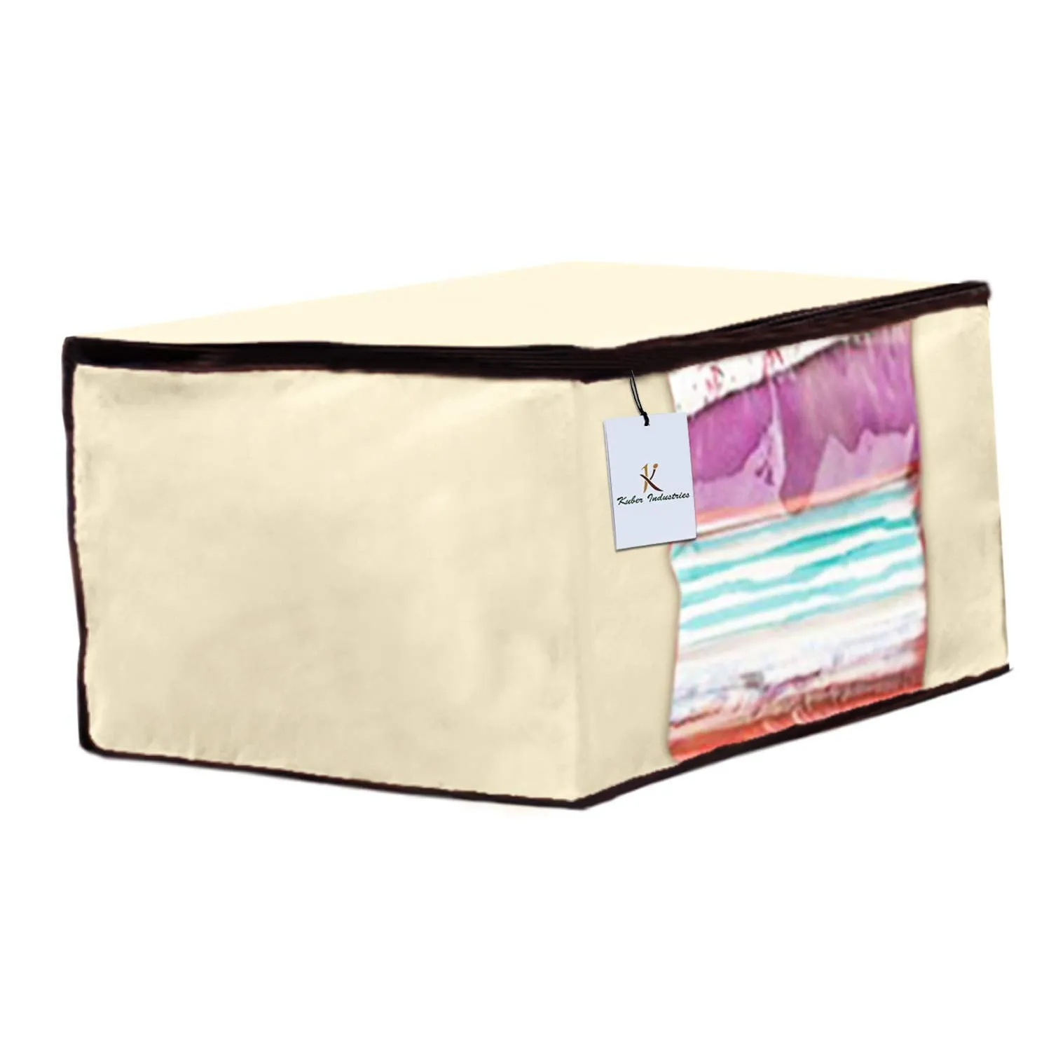 Kuber Industries Non Woven 3 Pieces Saree Cover and 2 Pieces Underbed Storage Bag, Cloth Organizer for Storage, Blanket Cover Combo Set (Ivory) -CTKTC38514