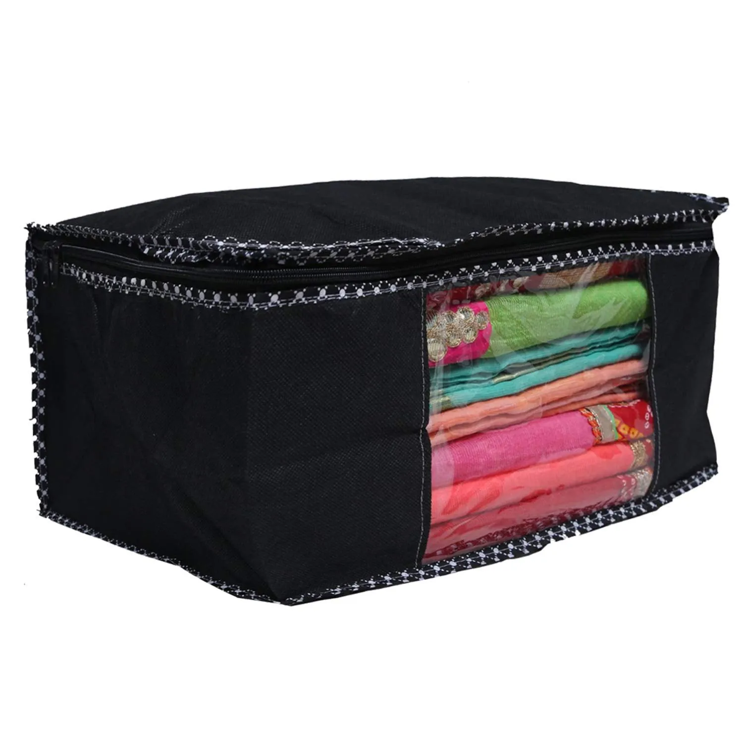 Kuber Industries Non Woven 4 Pieces Saree Cover And 4 Pieces Underbed Storage Bag, Cloth Organizer For Storage, Blanket Cover Combo Set (Black) -CTKTC038469