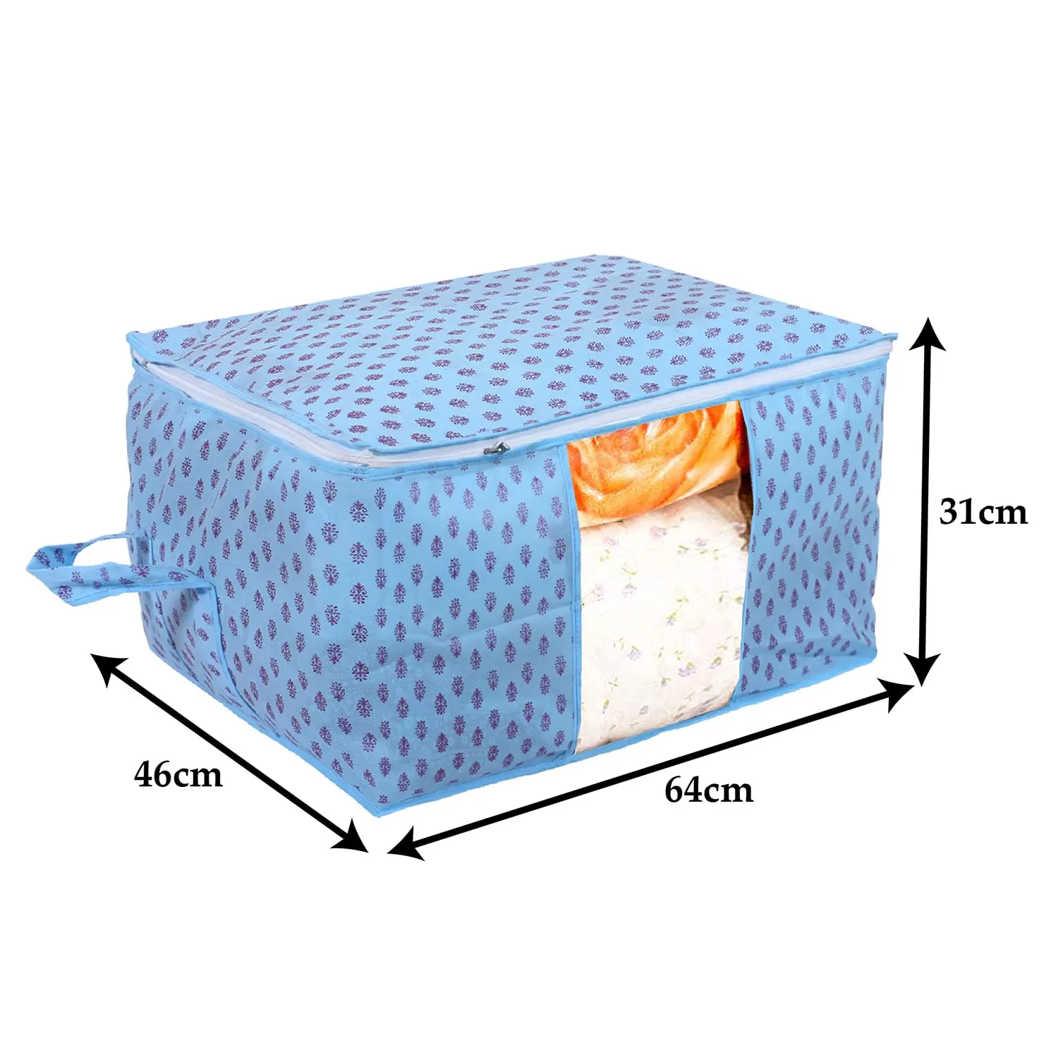 Kuber Industries Non-Woven Floral Print Underbed|Blanket Cover with Transparent Window, Zippered & Handle, Pack of 4 (Sky Blue)