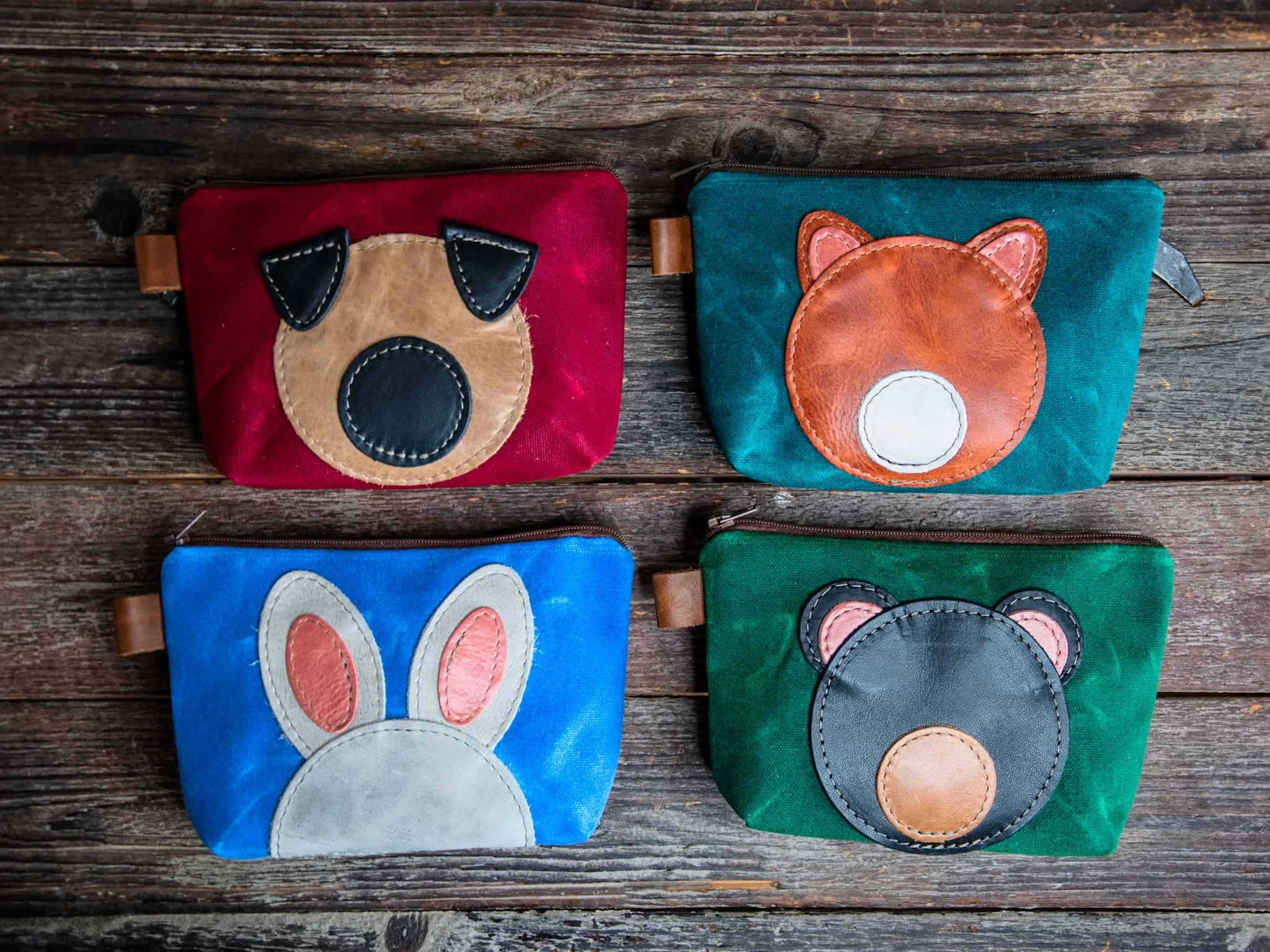 Leather Applique | Handmade Waxed Canvas Zipper Pouch | ORANGE CAT | Critter Collection