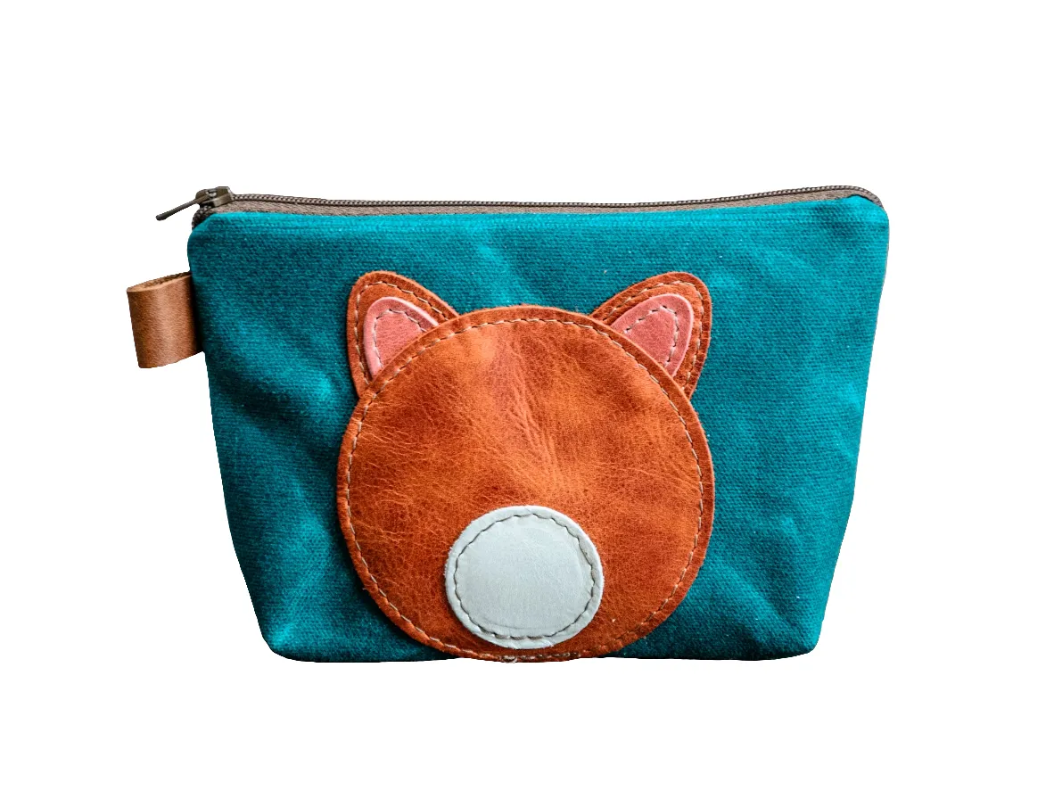 Leather Applique | Handmade Waxed Canvas Zipper Pouch | ORANGE CAT | Critter Collection