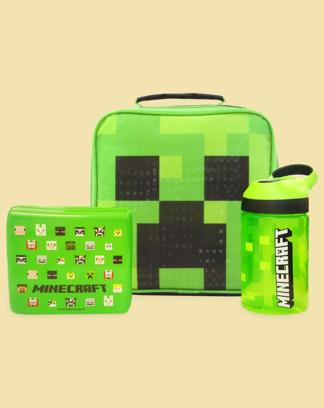 Minecraft Creeper Face Lunch Bag Set (Lunch Box, Water bottle, Snack Pot) - Green