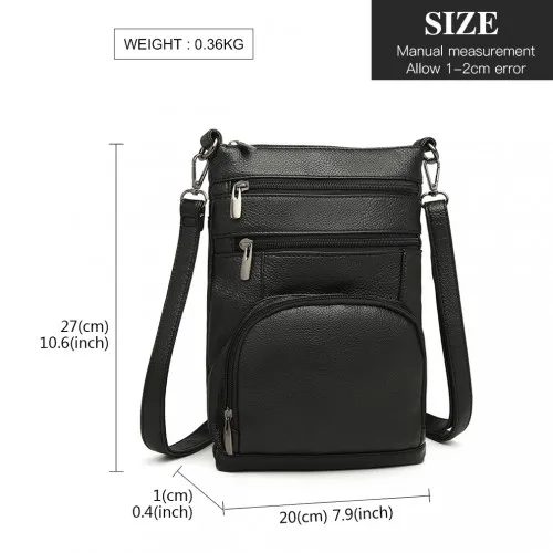 Miss Lulu RFID-Blocking Multi Pocket Leather Look Cross Body Bag - Black