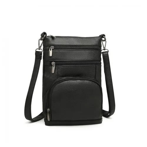 Miss Lulu RFID-Blocking Multi Pocket Leather Look Cross Body Bag - Black