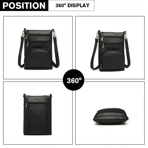 Miss Lulu RFID-Blocking Multi Pocket Leather Look Cross Body Bag - Black