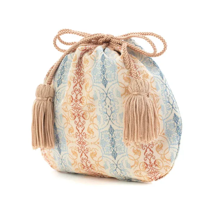 Nishijin-ori Small Drawstring Bag - Grapevine / Brown and Blue -,  Made in Kyoto, Japan,  Japanese traditional craft purse