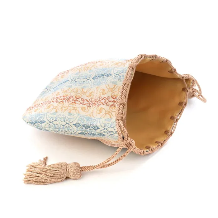 Nishijin-ori Small Drawstring Bag - Grapevine / Brown and Blue -,  Made in Kyoto, Japan,  Japanese traditional craft purse