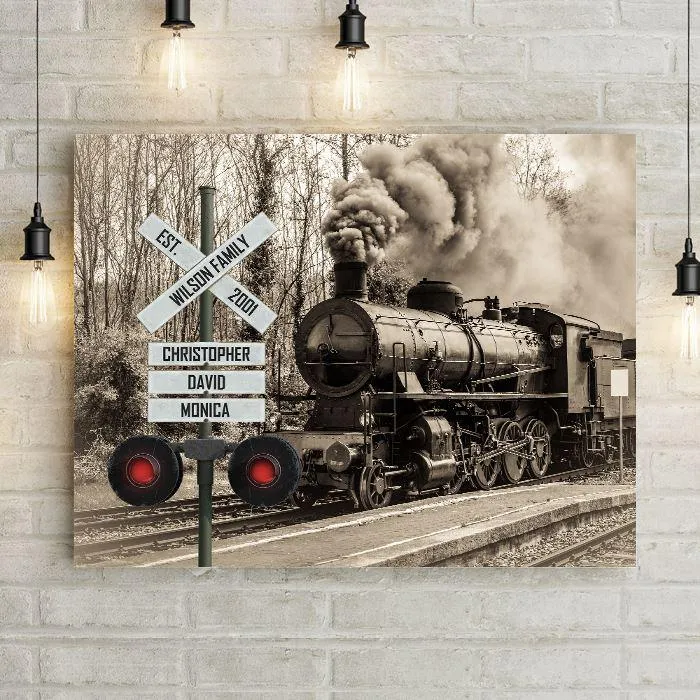 Personalized Antique Train Railroad Crossing Canvas Wall Art