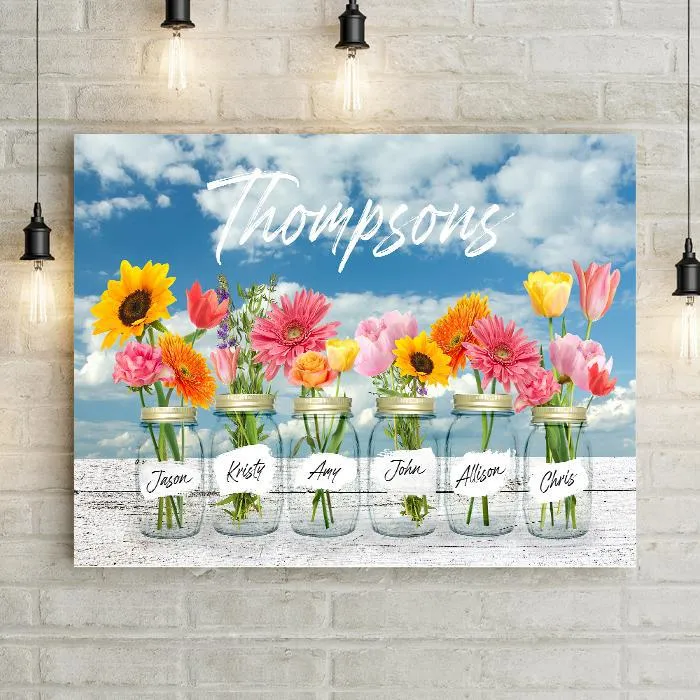 Personalized Family Mason Jar Vases with Sunflowers & Daisies Premium Canvas