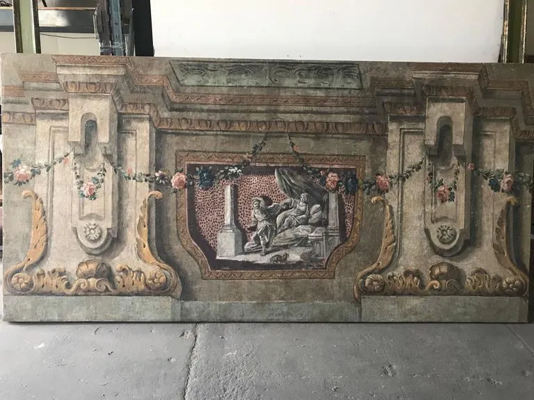 Rare Set of Four Italian 18th Century Panels, Gouache on Canvas