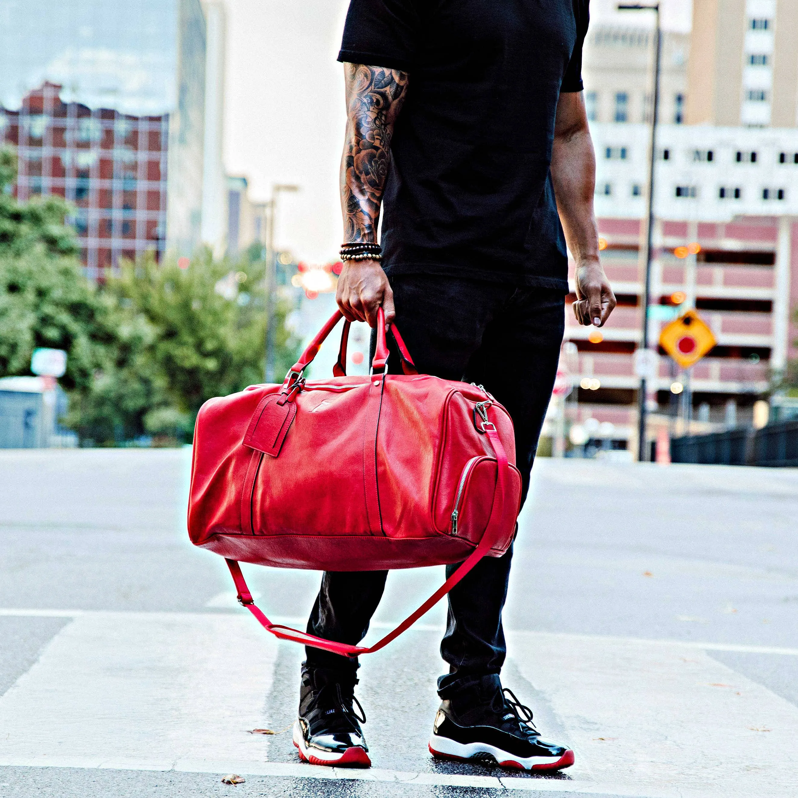 Red Tumbled Leather 2 Bag Set (Commuter and Duffle)