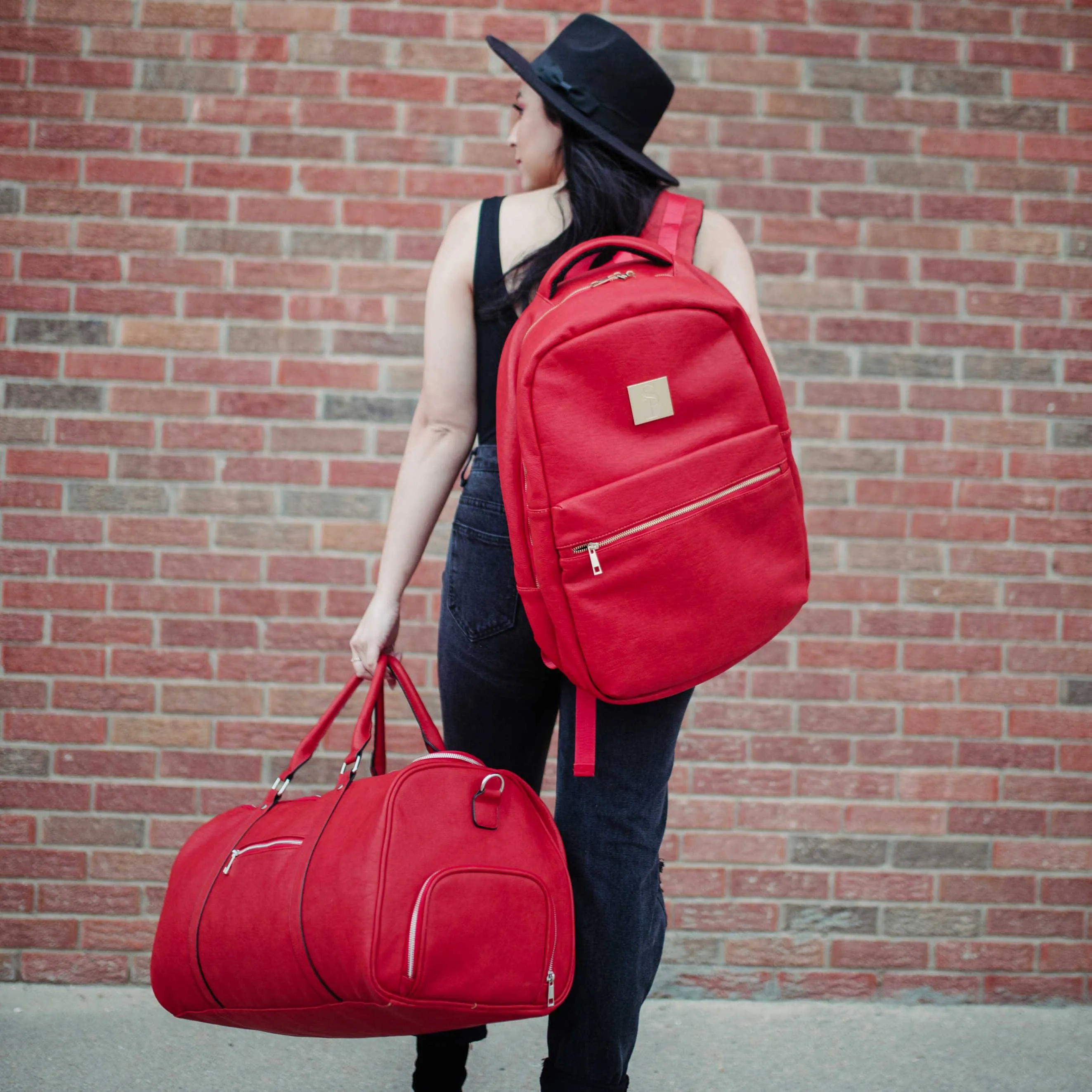 Red Tumbled Leather 2 Bag Set (Commuter and Duffle)