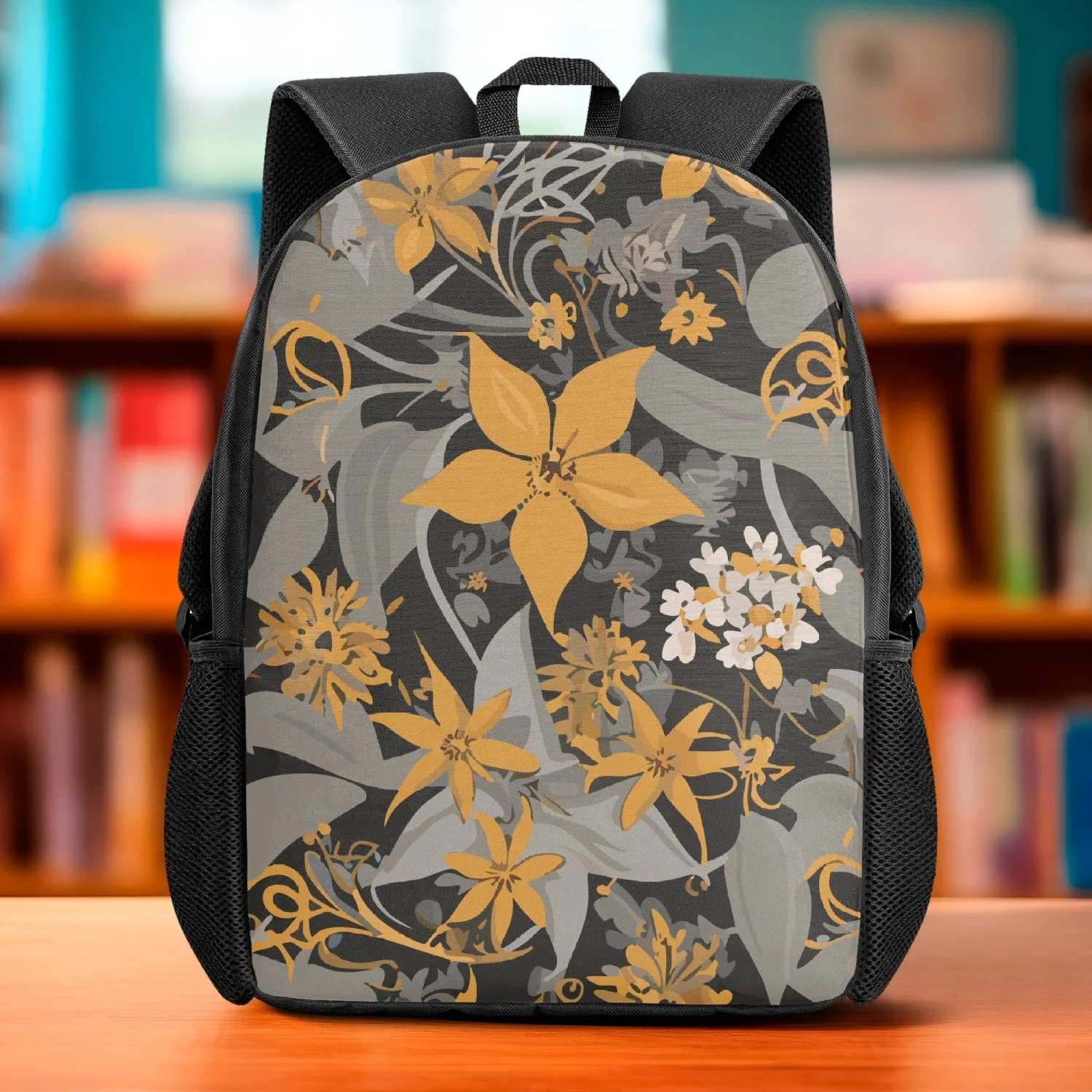 Sac à dos d'école pour enfant "Fleurs grises et or"