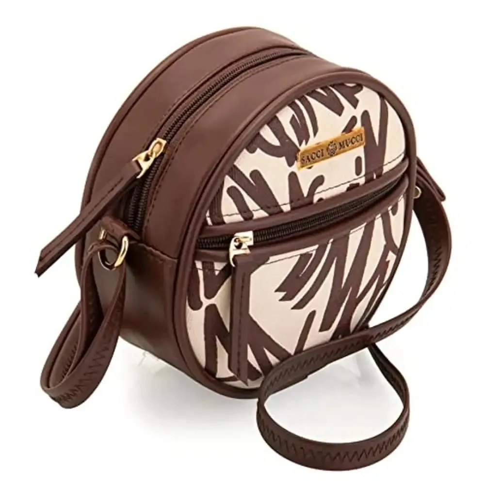 SACCI MUCCI Round Sling Crossbody Bag for girls and women (Brown)