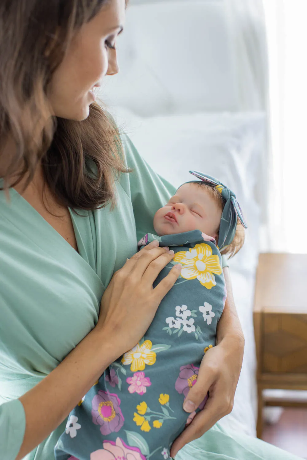 Sage Green Pregnancy Robe & Charlotte Swaddle Blanket & Headband Set