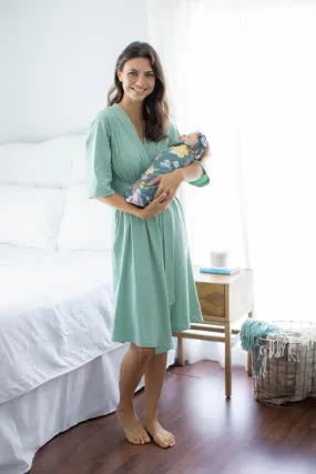 Sage Green Pregnancy Robe & Charlotte Swaddle Blanket & Headband Set