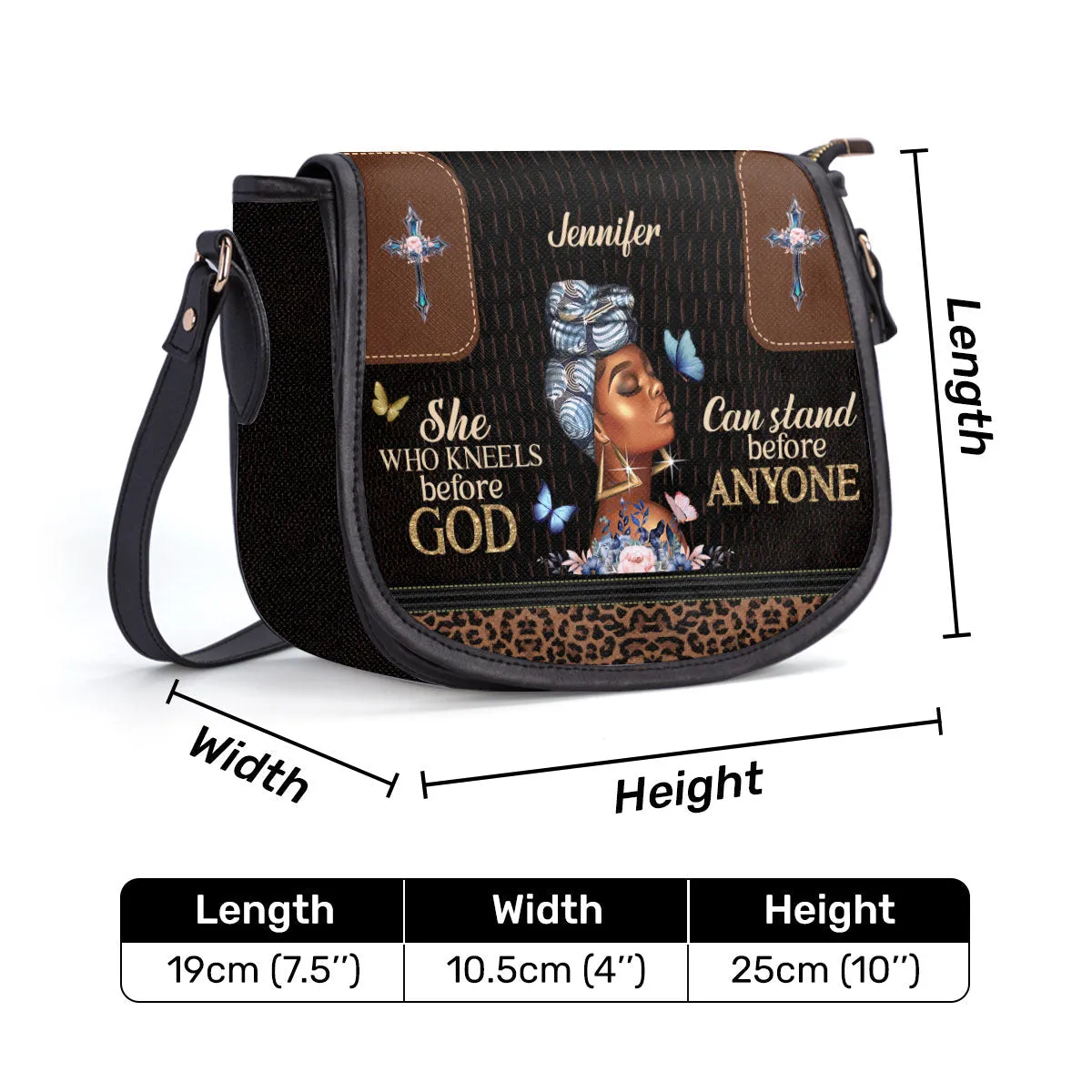 She Who Kneels Before God Personalized Leather Saddle Bag - Christian Women's Handbag Gifts