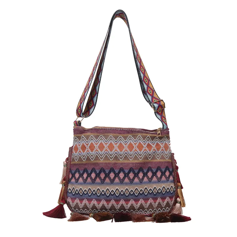 Small Fresh Ethnic Style Crossbody Bag for Women's New Fashion Versatile Wide Shoulder Strap Single Shoulder Bag Tassel Bucket Bag