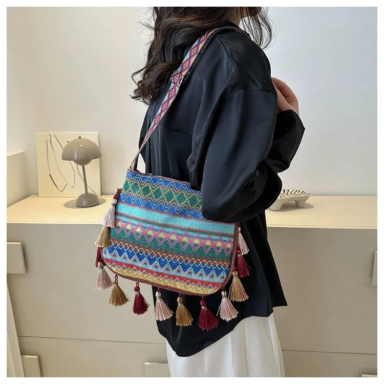 Small Fresh Ethnic Style Crossbody Bag for Women's New Fashion Versatile Wide Shoulder Strap Single Shoulder Bag Tassel Bucket Bag