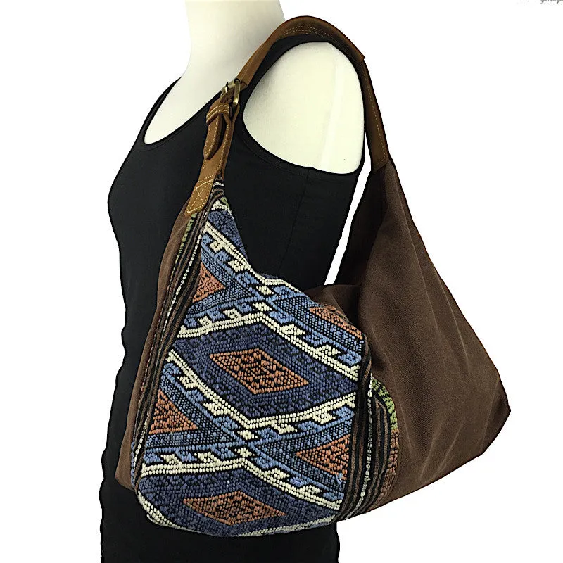 Stone Washed Brown Canvas & Hand Weave Hobo Bag