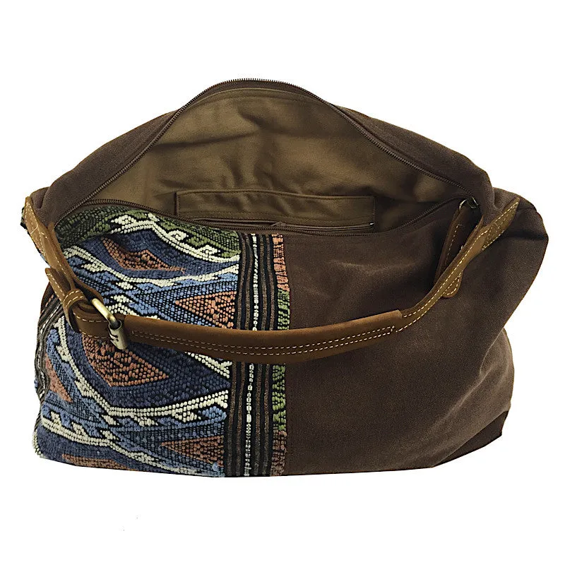 Stone Washed Brown Canvas & Hand Weave Hobo Bag